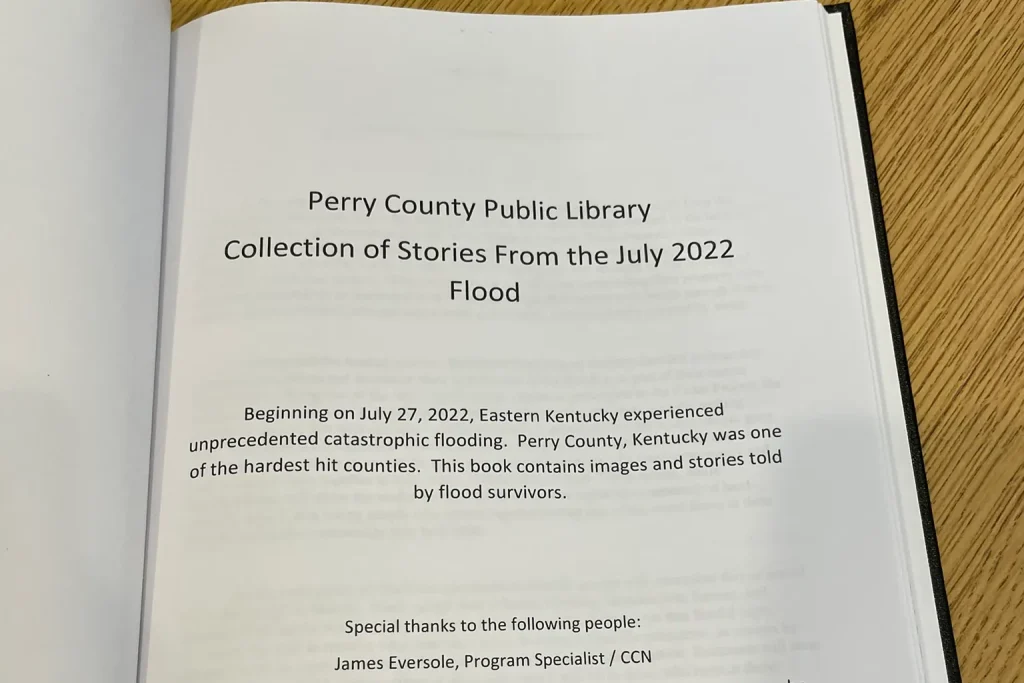 Title page of the Perry County Public Library's "Collection of Stories From the July 2022 Flood," a book of flood survivors' images and stories gathered with Buckhorn School.